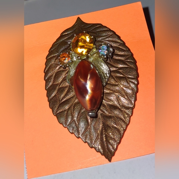 Jewel Embellished Upcycled Leaf Brooch - Picture 7 of 12